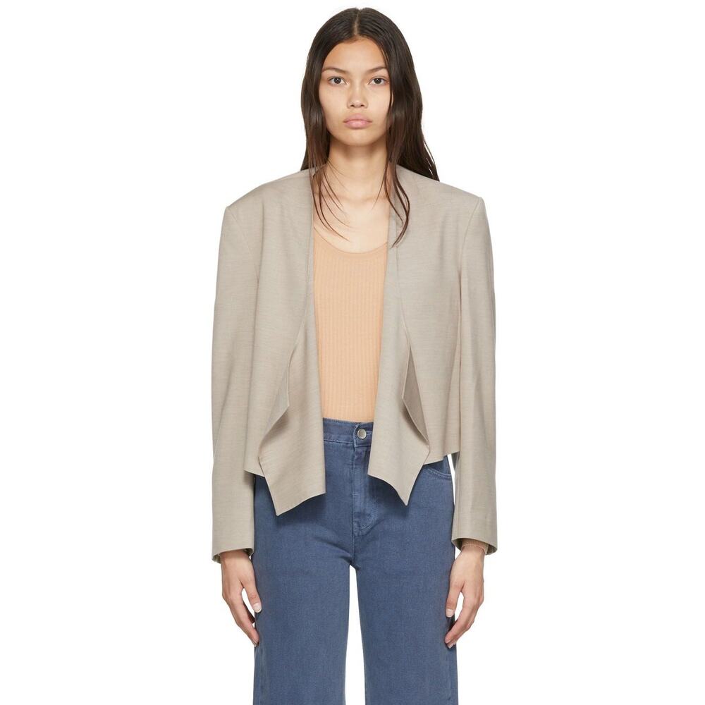 Low Classic Curve Neck Blazer‎ Jacket Neutral Beige Wool Blend Medium Draped